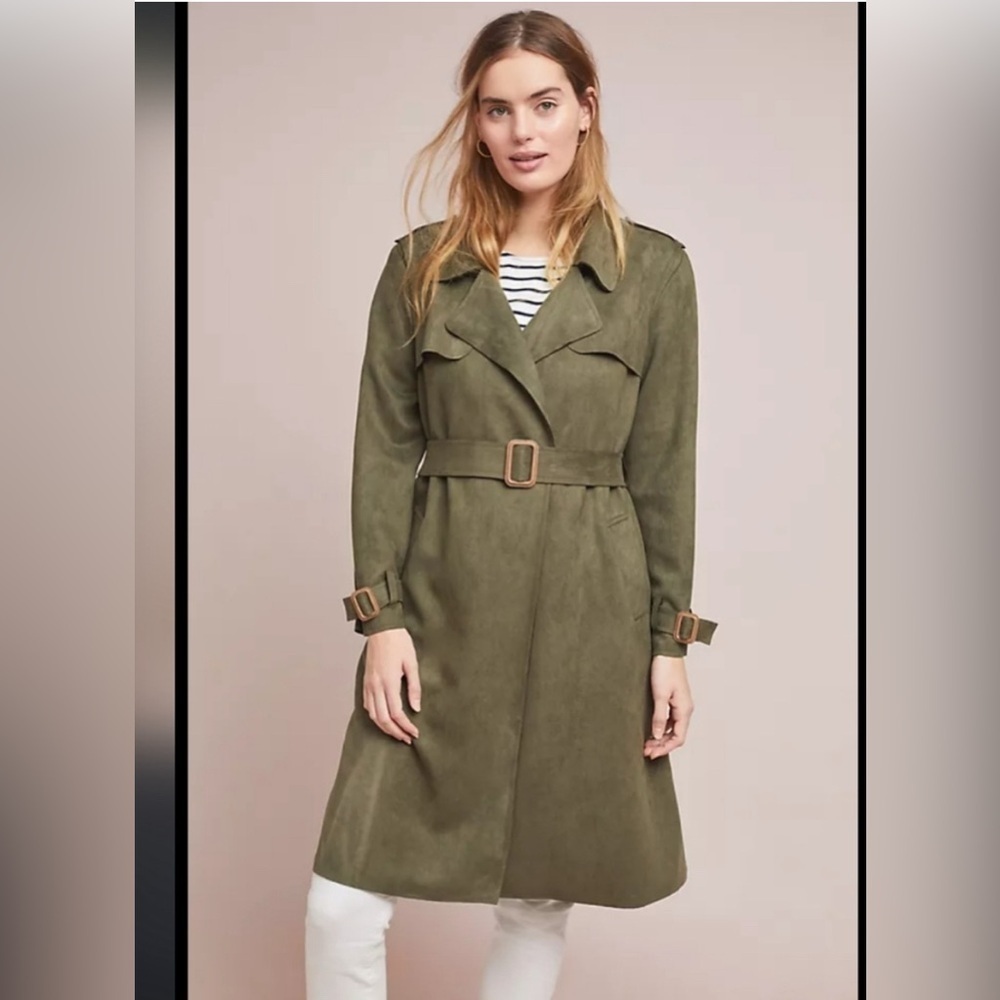 SOLDAnthropologie Harley Faux Suede Olive Green Trench Coat XS